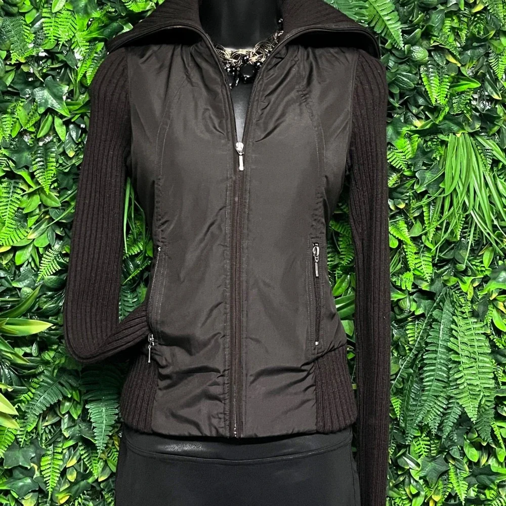 Tahari‎ Jacket Womens XS Dark Brown Wool Ribbed Knit Mixed Media Zip 3598